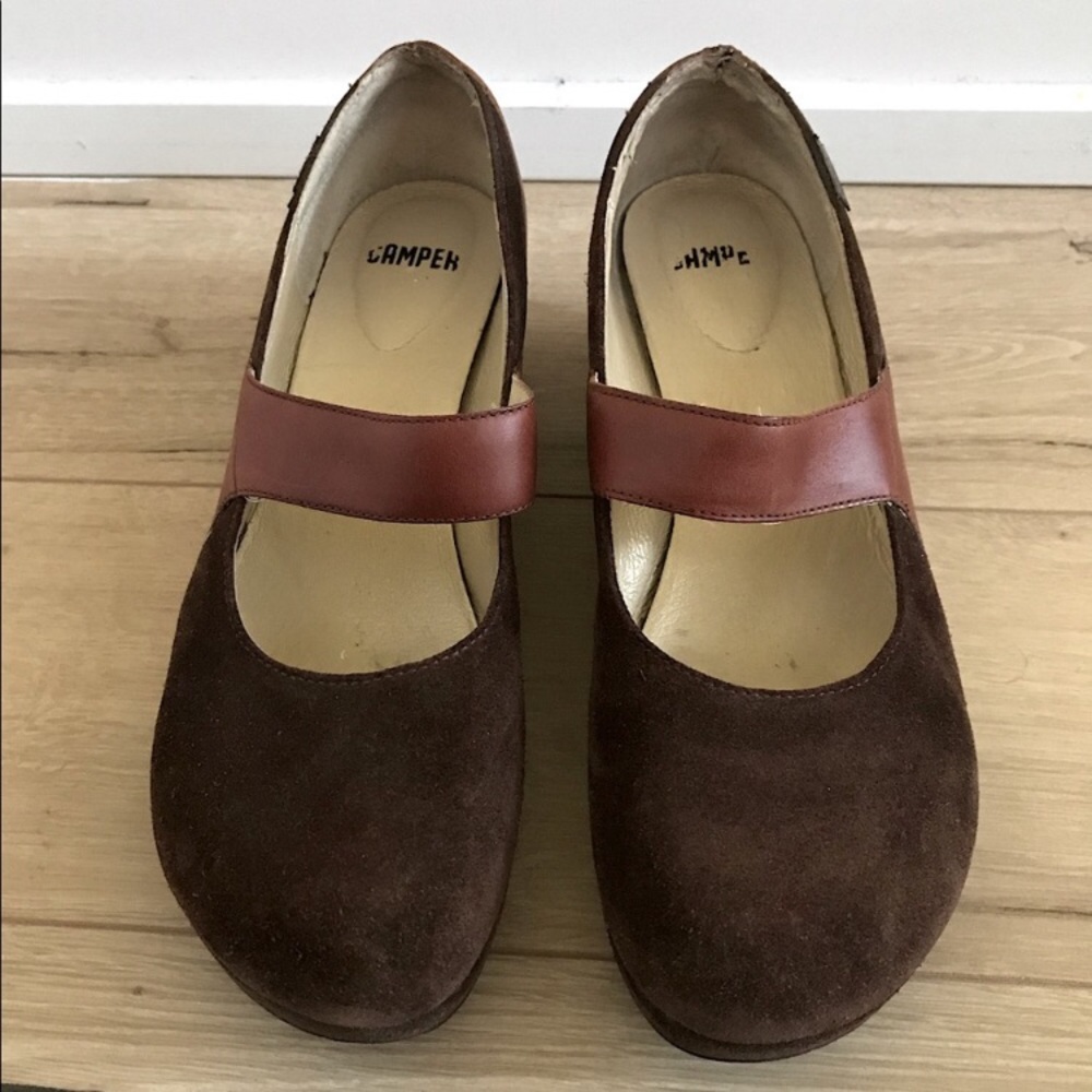 Camper Mary Jane Two-Tone Brown Leather and Suede Shoes, Size 39